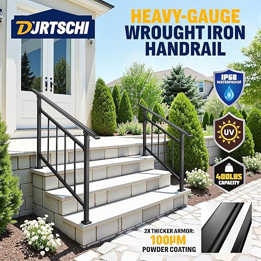 Updated Handrails for Outdoor Steps, 2-3 Steps Wrought Iron Stair Railing with Fence, Flexible Exterior Hand Railing for Concrete or Wooden Stairs, Black Transitional Handrails with Installation Kit