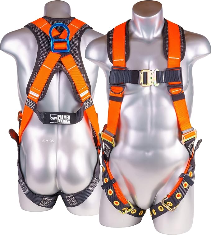 Palmer Safety Full Body Harness with 5 Point Adjustment, Dorsal D-ring, Grommet Legs, Two Side D Rings, and Fall Indicators