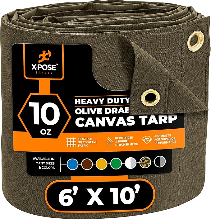 Xpose Safety Canvas Tarp - 10oz Olive Drab Canvas Tarps Heavy Duty Water Resistant with Brass Grommets- Multipurpose Outdoor Tarpaulin for Camping, Canopy, Trailer, Equipment Cover 6' x 10'