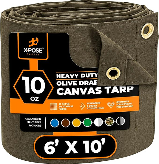 Xpose Safety Canvas Tarp - 10oz Olive Drab Canvas Tarps Heavy Duty Water Resistant with Brass Grommets- Multipurpose Outdoor Tarpaulin for Camping, Canopy, Trailer, Equipment Cover 6' x 10'