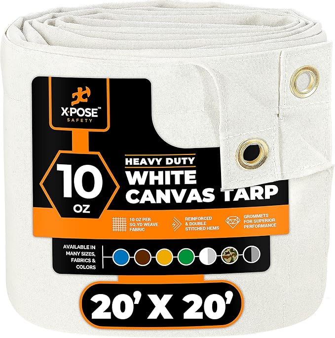 Xpose Safety Canvas Tarp - 10oz White Canvas Tarps Heavy Duty Water Resistant with Brass Grommets- Multipurpose Outdoor Tarpaulin for Camping, Canopy, Trailer, Equipment Cover 20' x 20'