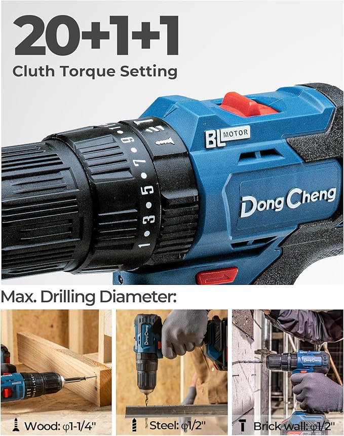 Dong Cheng 20V Brushless Heavy-duty Impact Drill, 443 in-lbs, 27000 IPM, 1/2" Keyless Metal Chuck, 20+1+1 Clutch, Cordless Hammer Drill with 2 Battery Kit for Drilling Brick Wall, Metal, Wood