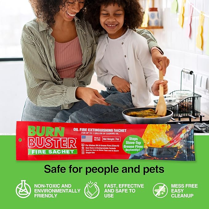 2-Pack BurnBuster Battery Fire Sachet for Oil & Grease Fires for Home and Outdoor Use - Fire Suppressant for Kitchens, Stove-Top and Oven Suitable - Non-Toxic 7 oz. Sachet, Made in USA