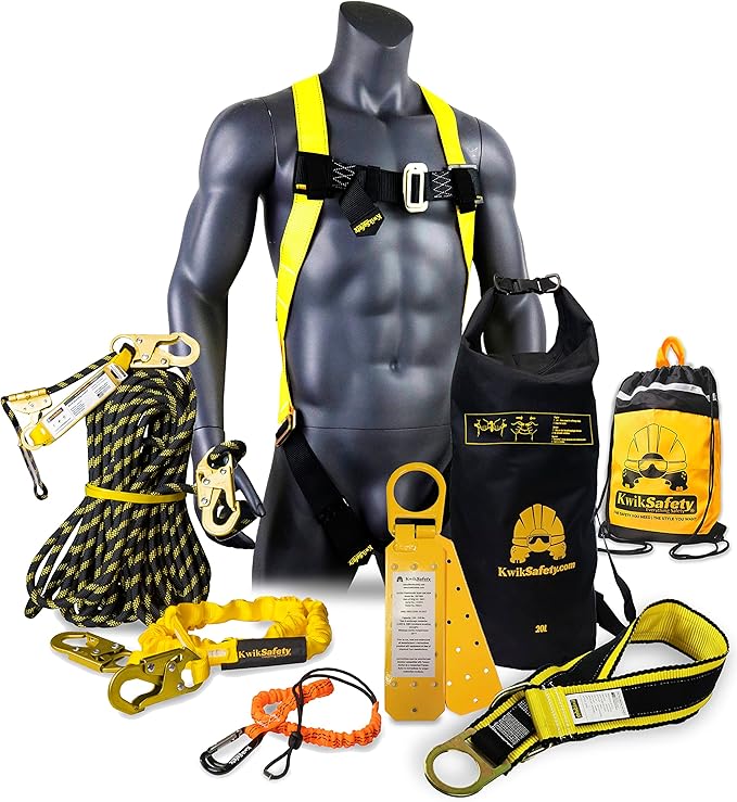KwikSafety - Charlotte, NC - TSUNAMI BUNDLE [Premium BRAIDED ROPE] Vertical Lifeline, Safety Harness, Safety Lanyard, Cross Arm Strap, Tool Lanyard, Roof Anchor, 20L Dry Bag ANSI OSHA | 50 FT.