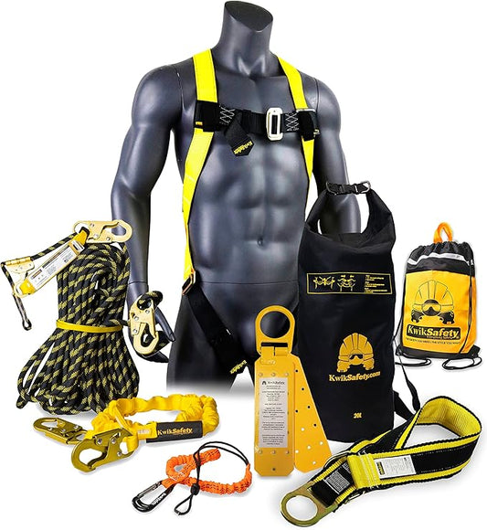 KwikSafety - Charlotte, NC - TSUNAMI BUNDLE [Premium BRAIDED ROPE] Vertical Lifeline, Safety Harness, Safety Lanyard, Cross Arm Strap, Tool Lanyard, Roof Anchor, 20L Dry Bag ANSI OSHA | 50 FT.