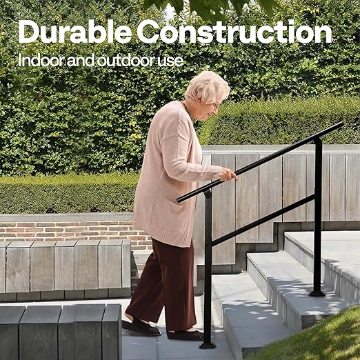 VIVOHOME 2-Pack 3 Step Hand Rails for Outdoor Steps, Galvanized Steel Railing, Black Oval Exterior Hand Railing for Porch, Deck, or Indoor Stairs, Railing Kit