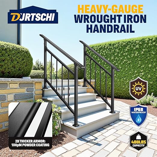 Updated Handrails for Outdoor Steps, 3-4 Steps Wrought Iron Railing, Flexible Exterior Railing for Concrete or Wooden Stairs, Transitional Handrails for Exterior Step With Installation Kit