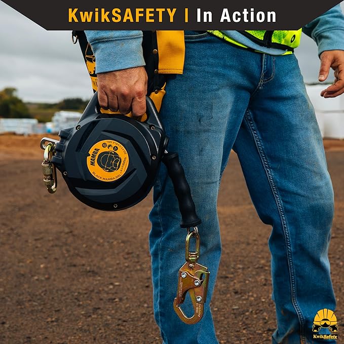 KwikSafety - Charlotte, NC - Mamba 20’ Self Retracting Lifeline [Carbonate + Integrated Handle] Class 1 Cable SRL ANSI OSHA Retractable Fall Arrest Safety Roofing Construction Gear