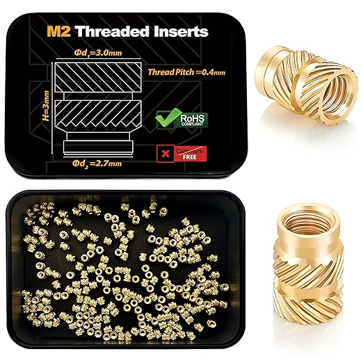 Kadrick 200Pcs M2 Threaded Inserts for 3D Printing Components,M2*3 * 3 Metric Brass Knurled Nuts, Insert by Heat into Plastic Parts