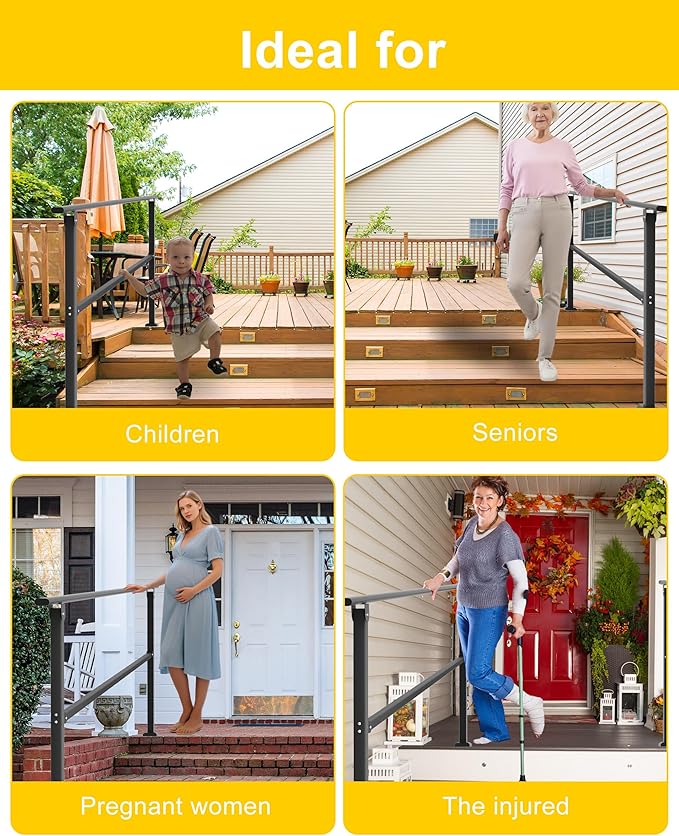 Hand Rails for Outdoor Steps, 1-3 Step Adjustable Stair Handrail Kit, 40" x 36" Wrought Iron Railing, Exterior Hand Rail for Porch Deck Garage and Garden