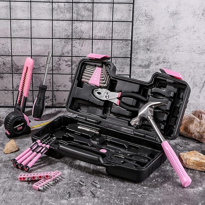 39 Piece All Purpose Basic Household Pink Tool Kit for Women - Small Tool Set with Toolbox Great for Home, Garage, Office and College Dormitory Use