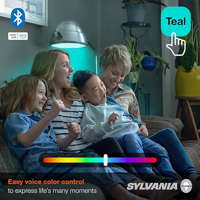 Sylvania Smart Light Bulb, Bluetooth Mesh LED Bulb, Compatible with Alexa & Google Home, A19, 60W Equivalent, E26, RGBW Full Color & Adjustable White - 4 PK [2022 Model]