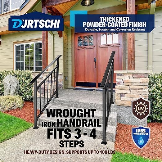 Updated Handrails for Outdoor Steps, 3-4 Steps Wrought Iron Stair Railing with Fence, Flexible Exterior Hand Railing for Concrete or Wooden Stairs, Black Transitional Handrails with Installation Kit
