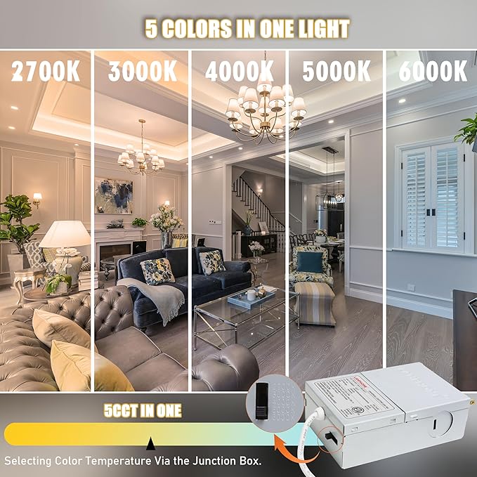 24-Pack of 4-Inch Slim LED Recessed Lights with Junction Box, Adjustable Color Temperatures (2700K-5000K), 9W Equivalent to 75W, Dimmable, 950LM Brightness - ETL and Energy Star Certified