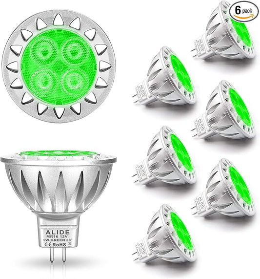 ALIDE MR16 Green Led Bulbs 5W 12V,Replace 20W 35W 50W Halogen,Low Voltage GU5.3 MR16 Led Green Bulb for Halloween Christmas Outdoor Landscape Yard Tree Lighting,Not Dimmable,38 Deg,6 Pack