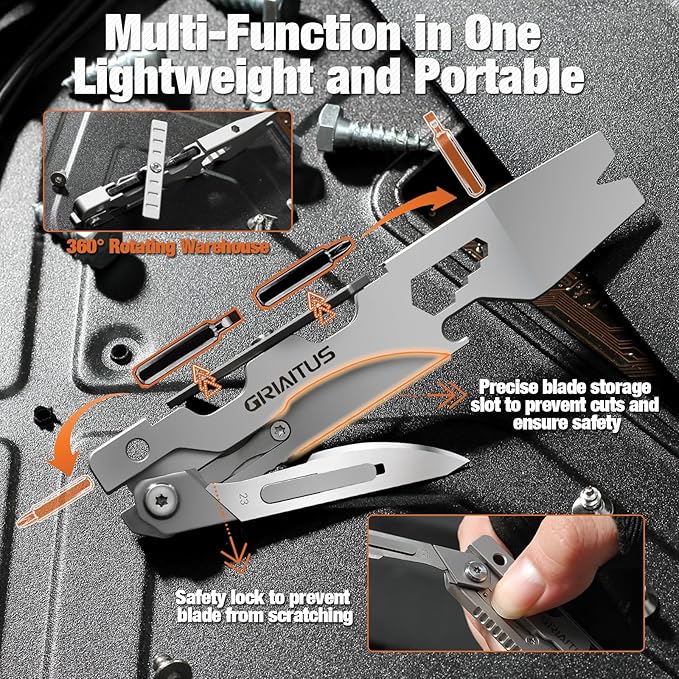 GIRIAITUS Multitool Pry Bar Tool with Multitool Knife, Bottle Opener, Hex Wrench, Screwdriver, Box Cutter Blade, Steel Handle, Everyday Carry, Cycling, Camping