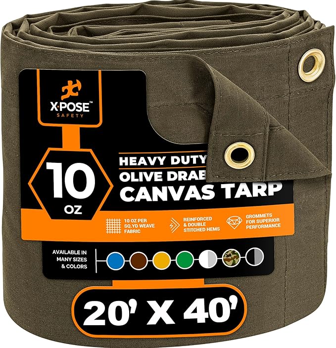 Xpose Safety Canvas Tarp - 10oz Olive Drab Canvas Tarps Heavy Duty Water Resistant with Brass Grommets- Multipurpose Outdoor Tarpaulin for Camping, Canopy, Trailer, Equipment Cover 20' x 40'