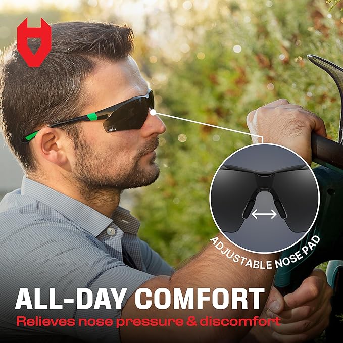 NoCry Safety Sunglasses with Green Tinted Wraparound Lenses — ANSI Z87.1 Tinted Safety Glasses for Men and Women with Adjustable Arms and No-Slip Grips — Work Glasses with 100% UV Protection