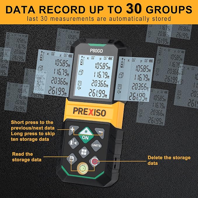 PREXISO Laser Measure Rechargeable, 265Ft Green Beam Laser Measurement Tool with Angle Sensor& 30 Sets Data Storage &1/4"-20 Threaded Hole - Ft/Ft+in/in/M Units - Pythagorean Mode, Area, Volume
