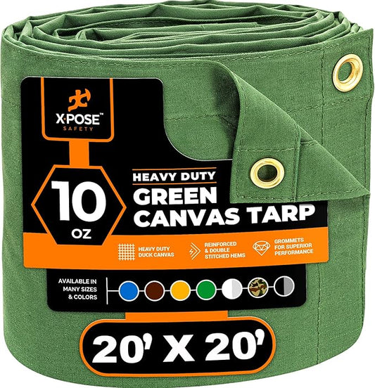 Xpose Safety Canvas Tarp - 10oz Green Canvas Tarps Heavy Duty Water Resistant with Brass Grommets- Multipurpose Outdoor Tarpaulin for Camping, Canopy, Trailer, Equipment Cover 20' x 20'