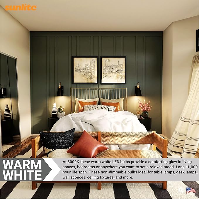 Sunlite 80859-SU LED A19 Light Bulb, Non-Dimmable 12 Watt (75W Equivalent), 1100 Lumens, Medium (E26) Base,ETL Listed, 3000K Warm White, 3 Count