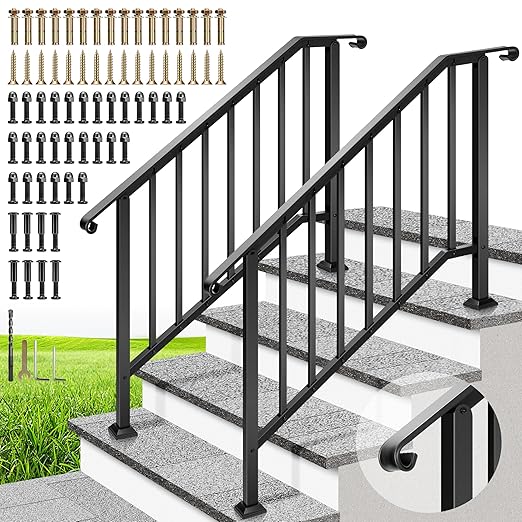 VIVOHOME 2-Pack 4 Step Galvanized Steel Hand Rails for Outdoor Steps – Curved Ends and Safety Balusters Exterior Railing for Porch, Deck, or Indoor Stairs, Complete Installation Kit