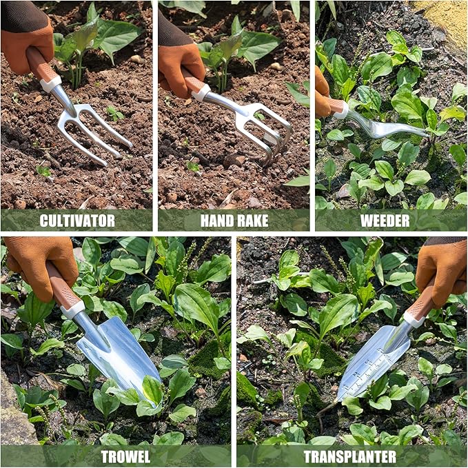 Garden Tool Set, 12 Pcs Heavy Duty Floral Gardening Tools Kit with Gardening Hand Weeder Tools, Durable Storage Bag and Gloves, Gifts for Women and Men Brown