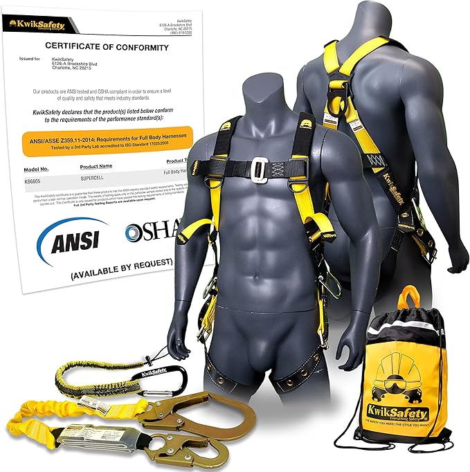 KwikSafety - Charlotte, NC - SUPERCELL Safety Harness [COMBO] Premium Shoulder Padding ANSI OSHA Full Body Fall Protection Work Equipment | Construction Tower Climbing Roofing