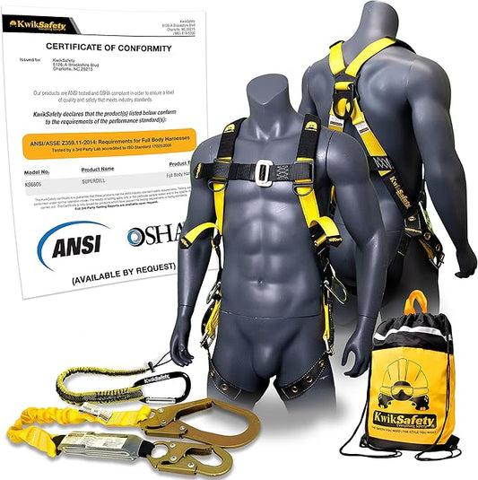 KwikSafety - Charlotte, NC - SUPERCELL Safety Harness [COMBO] Premium Shoulder Padding ANSI OSHA Full Body Fall Protection Work Equipment | Construction Tower Climbing Roofing