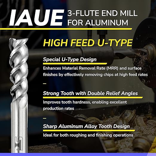 SPEED TIGER Carbide Square End Mill - 3 Flute - IAUE3/8 3 (1 Piece, 3/8") - High Feed U-Type Design - for Roughing and Finishing - for Milling Aluminum Applications – Professional Mill Bits Sets
