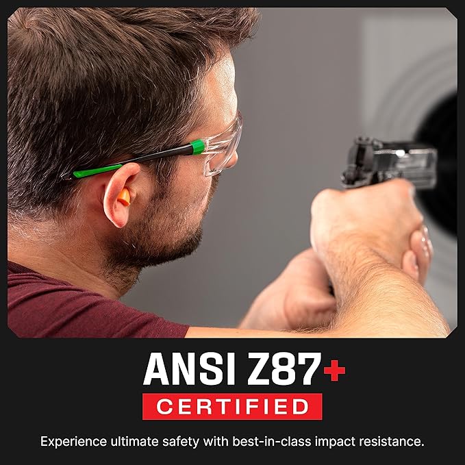 NoCry Safety Glasses with Clear Anti Fog Scratch Resistant Wrap-Around Lenses and No-Slip Grips, UV Protection. Adjustable, Black & Green Frames (10 pack)