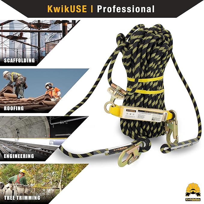 KwikSafety - Charlotte, NC - Tsunami [Premium Braided Rope] Vertical Lifeline ANSI OSHA Rope Grab Snap Hook Shock Absorber Fall Protection Line Kit Restraint System Roofing Safety Equipment / 50 FT.
