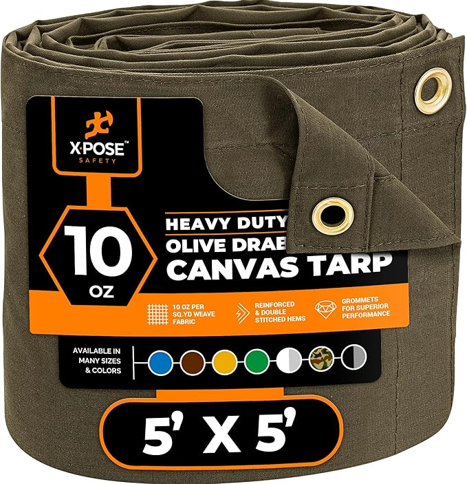 Xpose Safety Canvas Tarp - 10oz Olive Drab Canvas Tarps Heavy Duty Water Resistant with Brass Grommets- Multipurpose Outdoor Tarpaulin for Camping, Canopy, Trailer, Equipment Cover 5' x 5'
