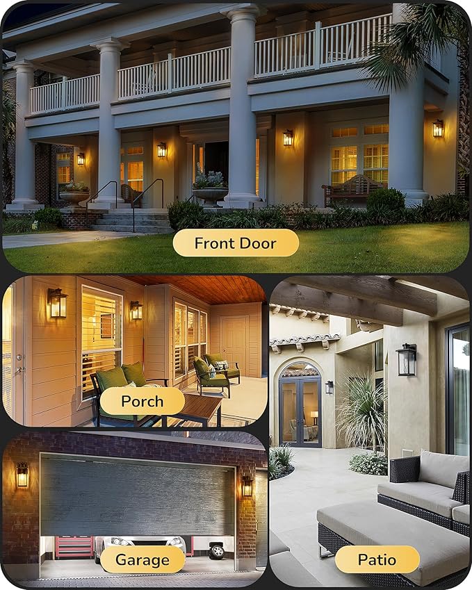 EDISHINE Motion Sensor Outdoor Wall Lights, Dusk to Dawn Exterior Lighting Fixtures, Front Porch Light with Clear Water Ripple Glass, Outdoor Wall Lantern for House, Garage, Black