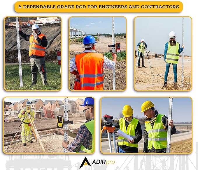 AdirPro 9-Foot Aluminum Grade Rod – 8ths, Dual Sided 5-Section Telescopic Leveling Rod – Bubble Level and Soft Carrying Case Included