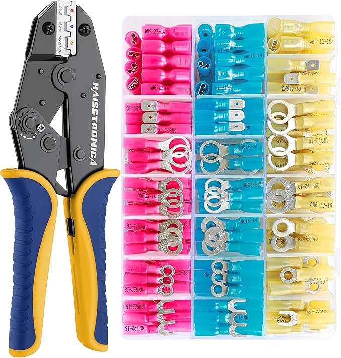 haisstronica Crimping Tool for Heat Shrink Connectors HS-8327 with 280PCS Marine Grade Heat Shrink Wire Connectors,Tinned Red Copper AWG 22-10 Electrical Ring Fork Spade Splice(3Colors/21Size)