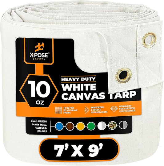 Xpose Safety Canvas Tarp - 10oz White Canvas Tarps Heavy Duty Water Resistant with Brass Grommets- Multipurpose Outdoor Tarpaulin for Camping, Canopy, Trailer, Equipment Cover 7' x 9'