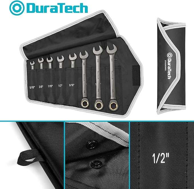 DURATECH Anti-Slip Ratcheting Wrench Set, Combination Wrench Set, 8-piece, SAE 5/16" to 3/4", 72-Tooth, Nickel Plating, CR-V Steel, with Pouch