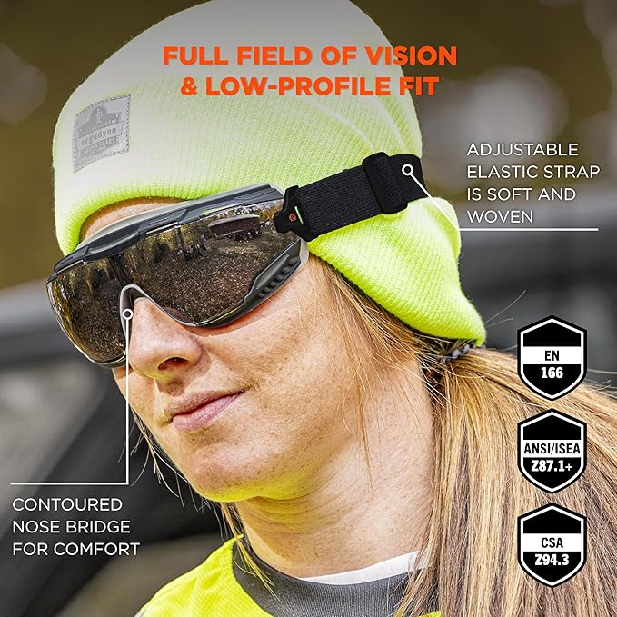 Ergodyne Skullerz Arkyn Protective Dust Safety Goggle, Non-Vented, Anti Fog, Scratch Resistant, Adjustable Elastic Strap
