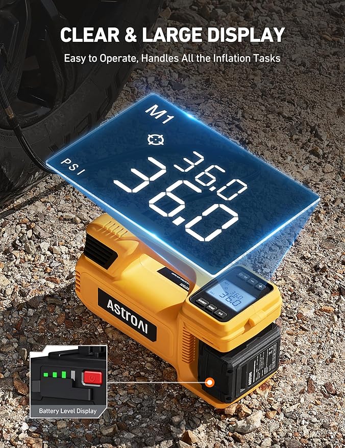 AstroAI TC4 Portable Air Compressor Tire Inflator, 470W 18V Cordless Air Pump for Truck Tires with 4000mAh Battery, 150PSI Heavy Duty Air Compressor with Digital Display for Car, RVs, SUV