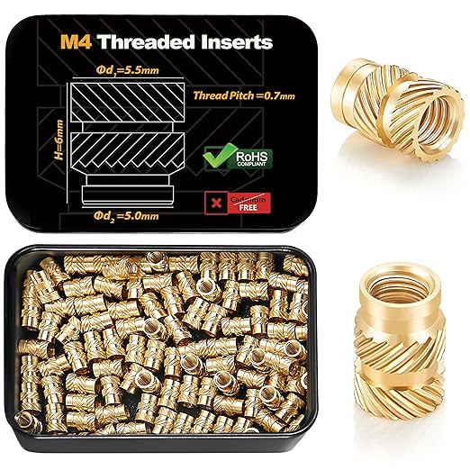 Kadrick 100Pcs M4 Threaded Inserts for 3D Printing Components,M4*H6*D5.5 Metric Brass Knurled Nuts, Insert by Heat into Plastic Parts