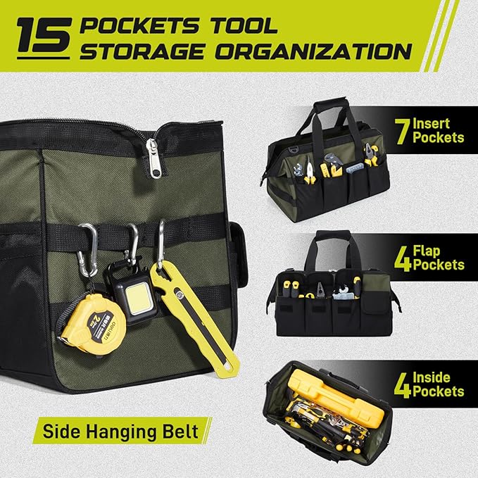 Tool Bag 16-Inch, 15 Pockets Heavy Duty Empty Tool Storage Organization, Soft Handle Carrying Toolbag,Toolbox Organization Tool Bags for Men,Army Green & Black