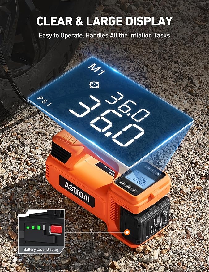 AstroAI TC4 Portable Air Compressor Tire Inflator, 470W 18V Cordless Air Pump for Truck Tires with 4000mAh Battery, 150PSI Heavy Duty Air Compressor with Digital Display for Car, RVs, SUV (Orange)