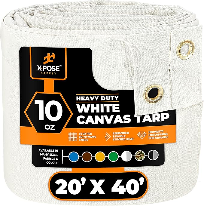 Xpose Safety Canvas Tarp - 10oz White Canvas Tarps Heavy Duty Water Resistant with Brass Grommets- Multipurpose Outdoor Tarpaulin for Camping, Canopy, Trailer, Equipment Cover 20' x 40'