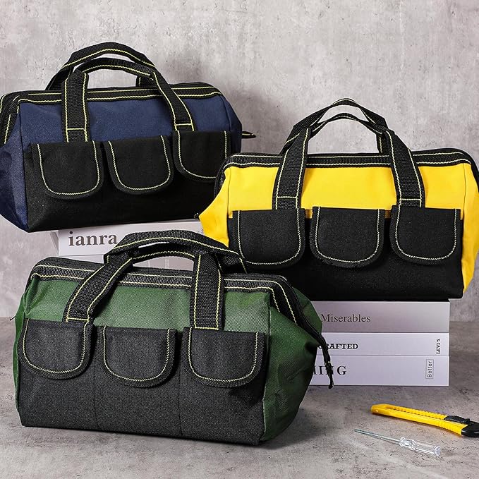 Sanwuta 3 Pack Tool Bag for Men with Waterproof Hard Bottom, Heavy Duty Tool Bag Wide Mouth Tote for Various Instrument, Electrician Carpenter Mechanic(13 Inch,Blue, Yellow, Army Green)