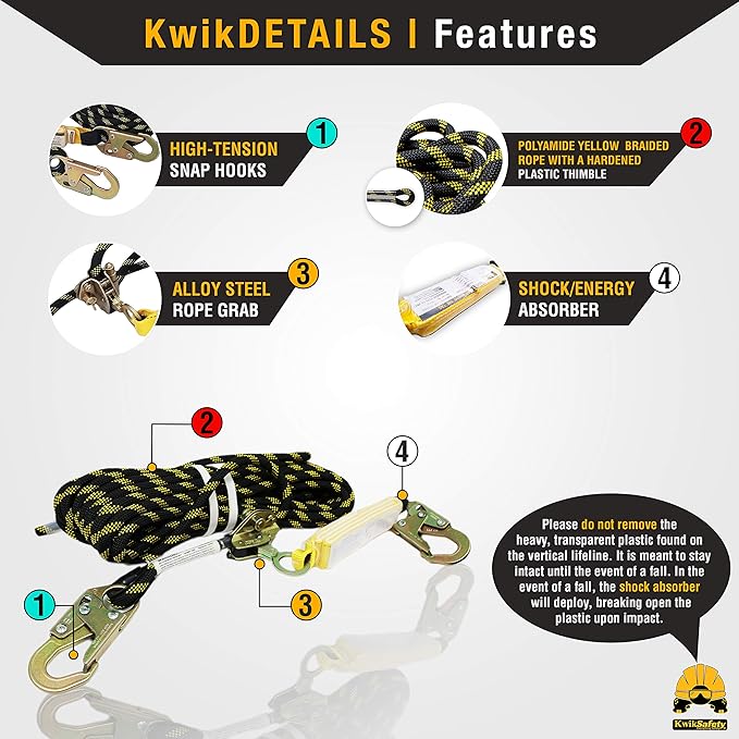 KwikSafety - Charlotte, NC - TSUNAMI BUNDLE [Premium BRAIDED ROPE] Vertical Lifeline, Safety Harness, Safety Lanyard, Cross Arm Strap, Tool Lanyard, Roof Anchor, 20L Dry Bag ANSI OSHA | 50 FT.