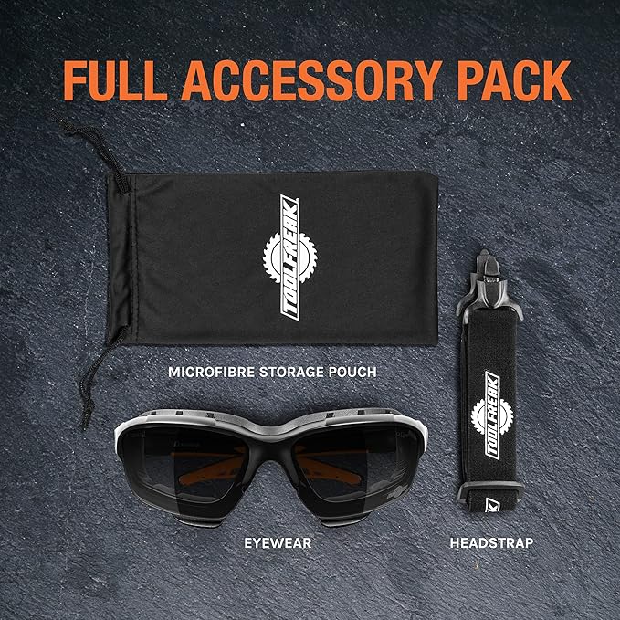 ToolFreak Spoggles - Tinted Lens With Pouch - Safety Glasses & Protective Goggles - Polycarbonate Lens, ANSI Z87 Rated & UV Protection - Foam Padded, Removable Legs, Headstrap & Pouch