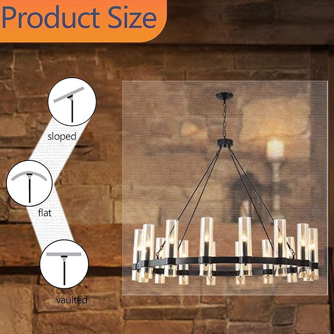 48 Inch Black Wagon Wheel Chandelier, 16 Lights, with Brown Glass Shade, Large Hanging High Ceilings Chandeliers for Dining Room Kitchen Foyer Entryway Living Room