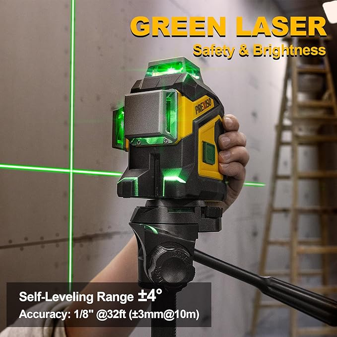 PREXISO Laser Level 3 X 360° Self Leveling with 47 In. Tripod, IP54 Rechargeable 100Ft Green Lazer Leveler Tool for Construction, Home Renovation with Magnetic Base, Battery Adapter, Case, Accessories