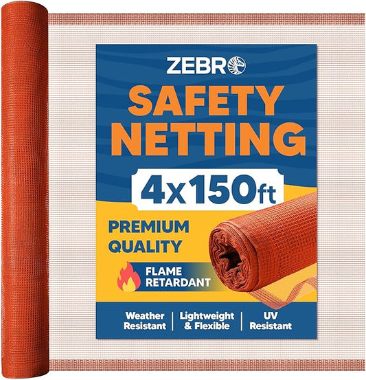 Fire Retardant Debris Safety Netting (4' x 150' - Orange) - High Visibility Construction & Scaffolding & Railing & Elevator Netting for Enhanced Safety - Construction Fencing